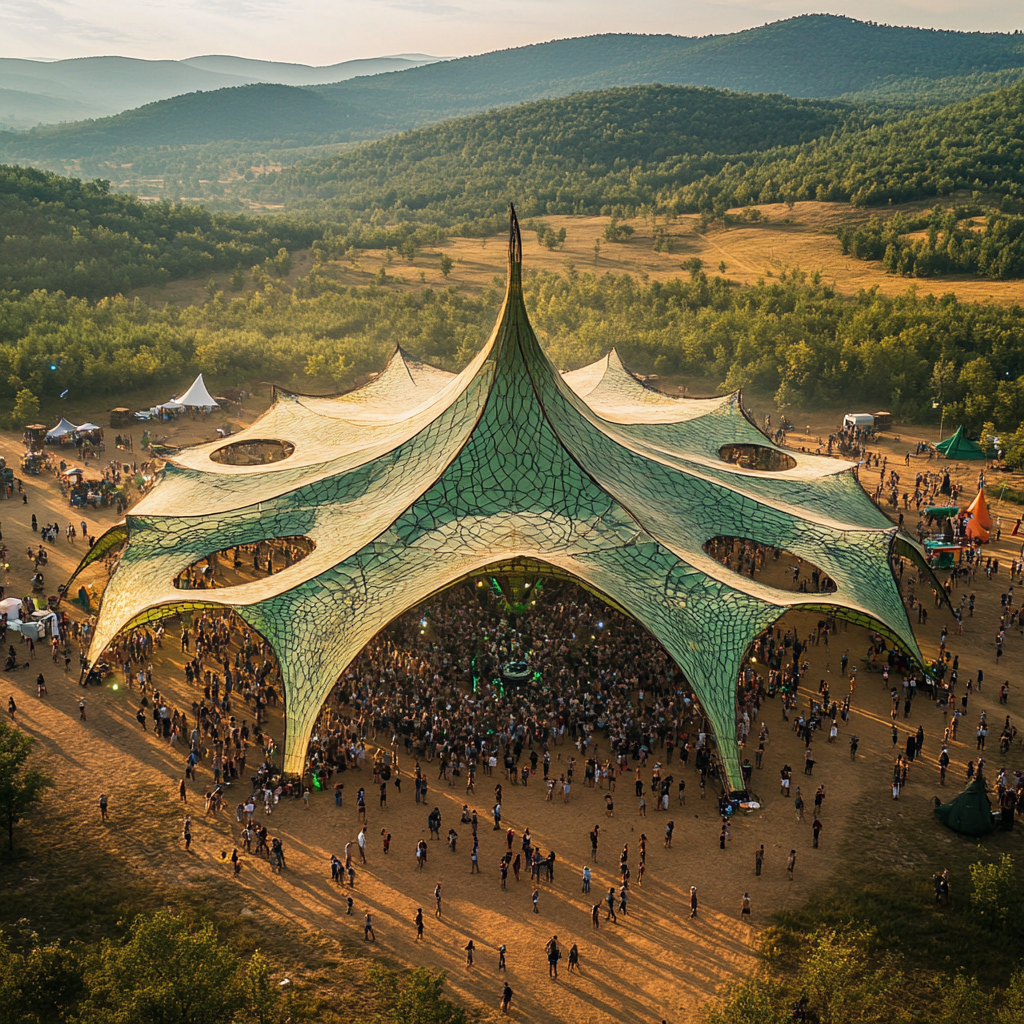 Shade structure for Ozora Festival with modern leaf shape.