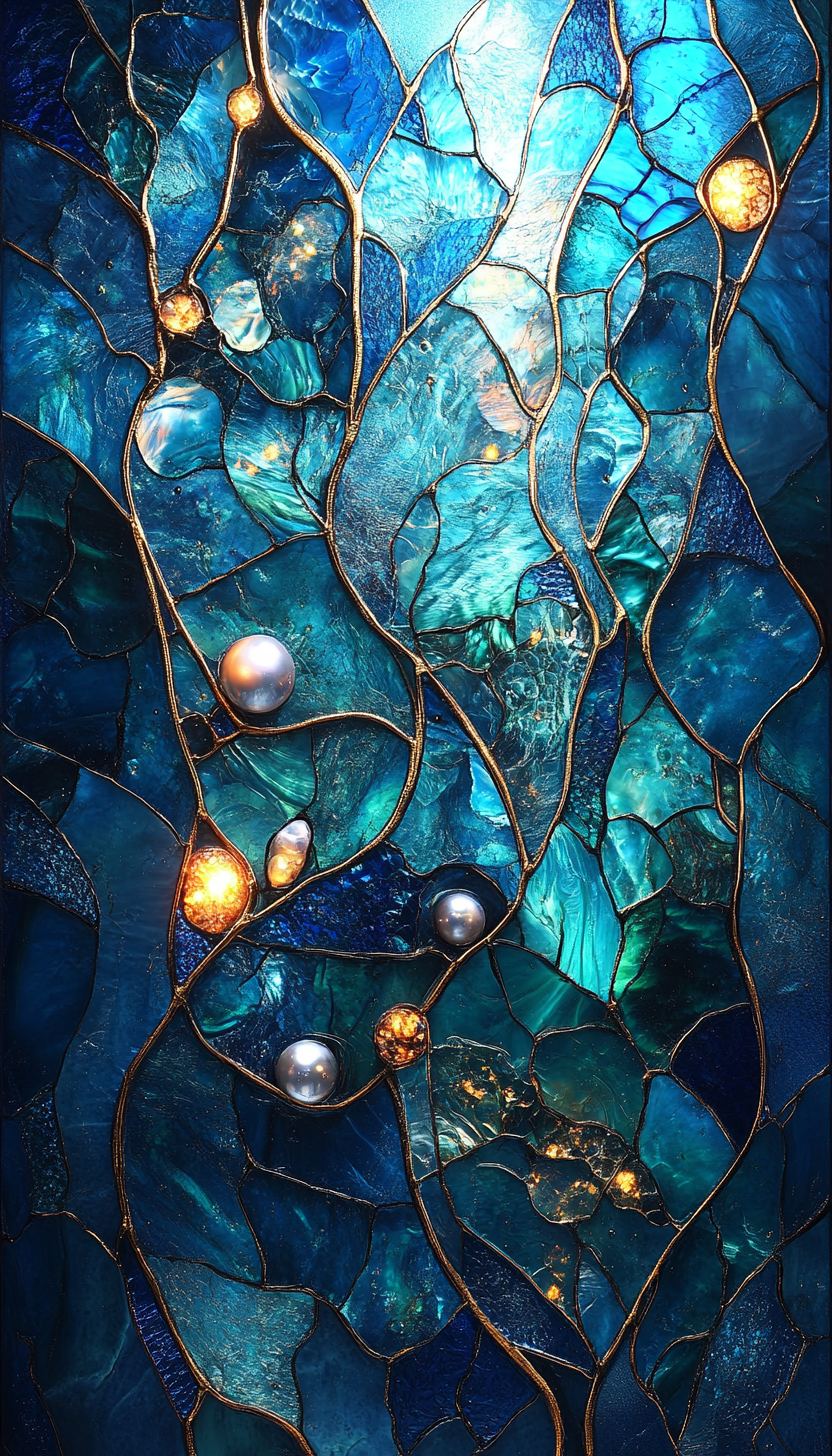 Shades of blue and turquoise underwater stained glass.