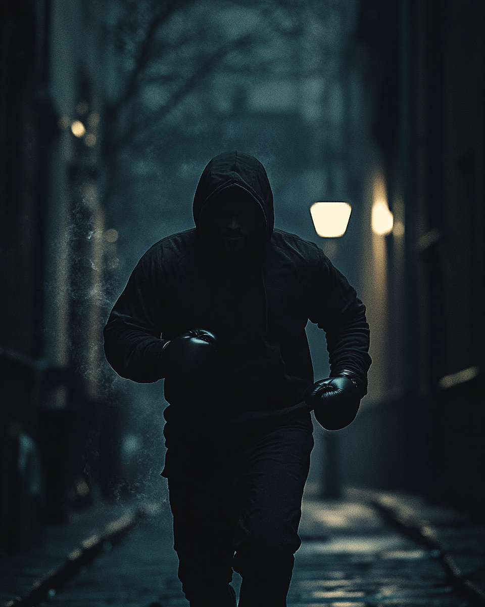 Shadowed boxer jabs in dark street with lone lamp.