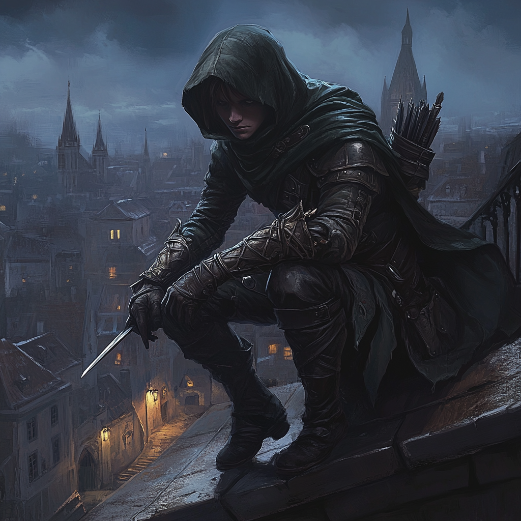 Shadowed halfling rogue crouching on rooftop overlooking medieval city.