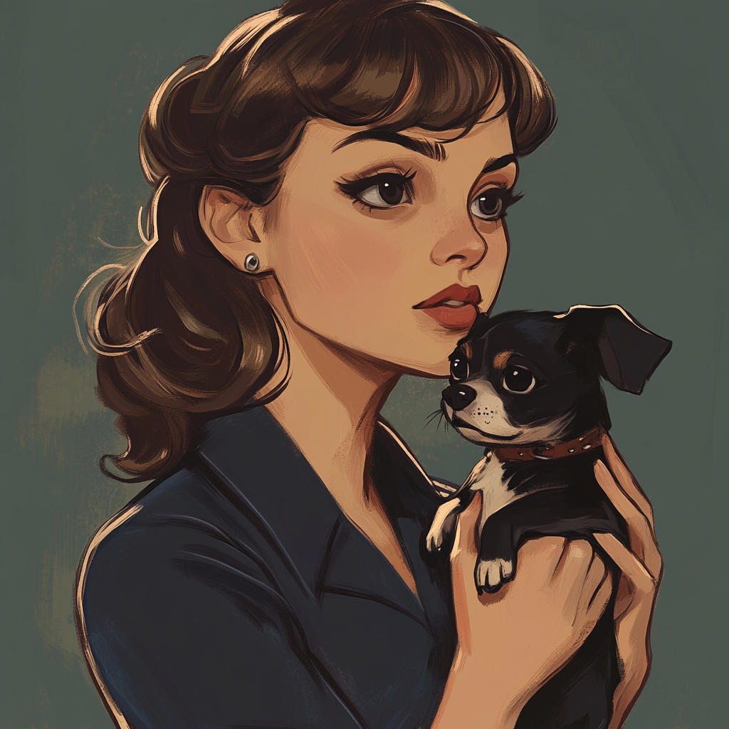 Shadowy Canadian woman holds small dog in noir style.