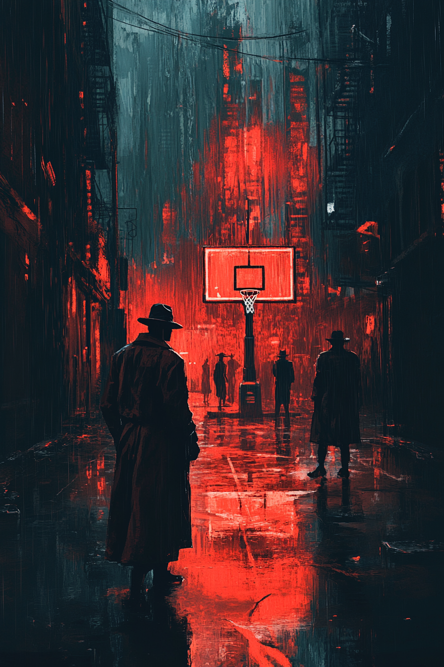 Shadowy basketball game in noir city atmosphere