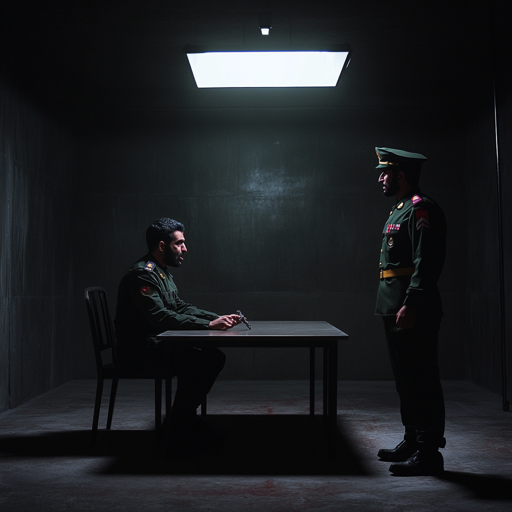 Shadowy figure interrogated by military officer in dark room.