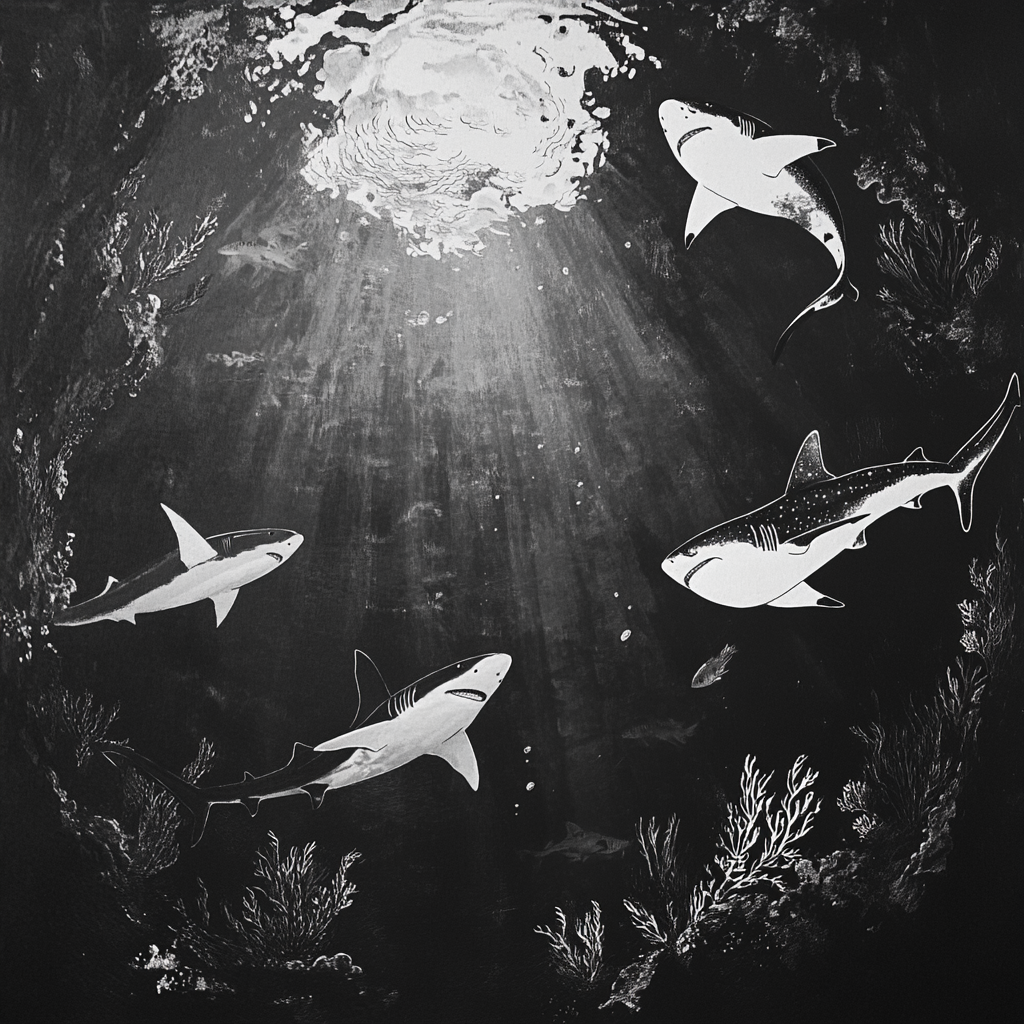 Sharks swimming with rays and coral underwater view