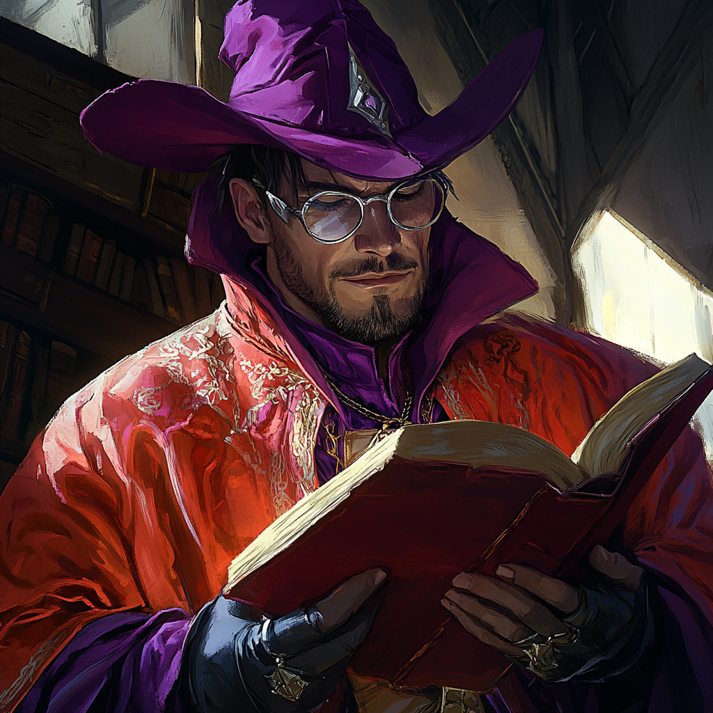 Sharp-eyed wizard Varric contemplates magic tome