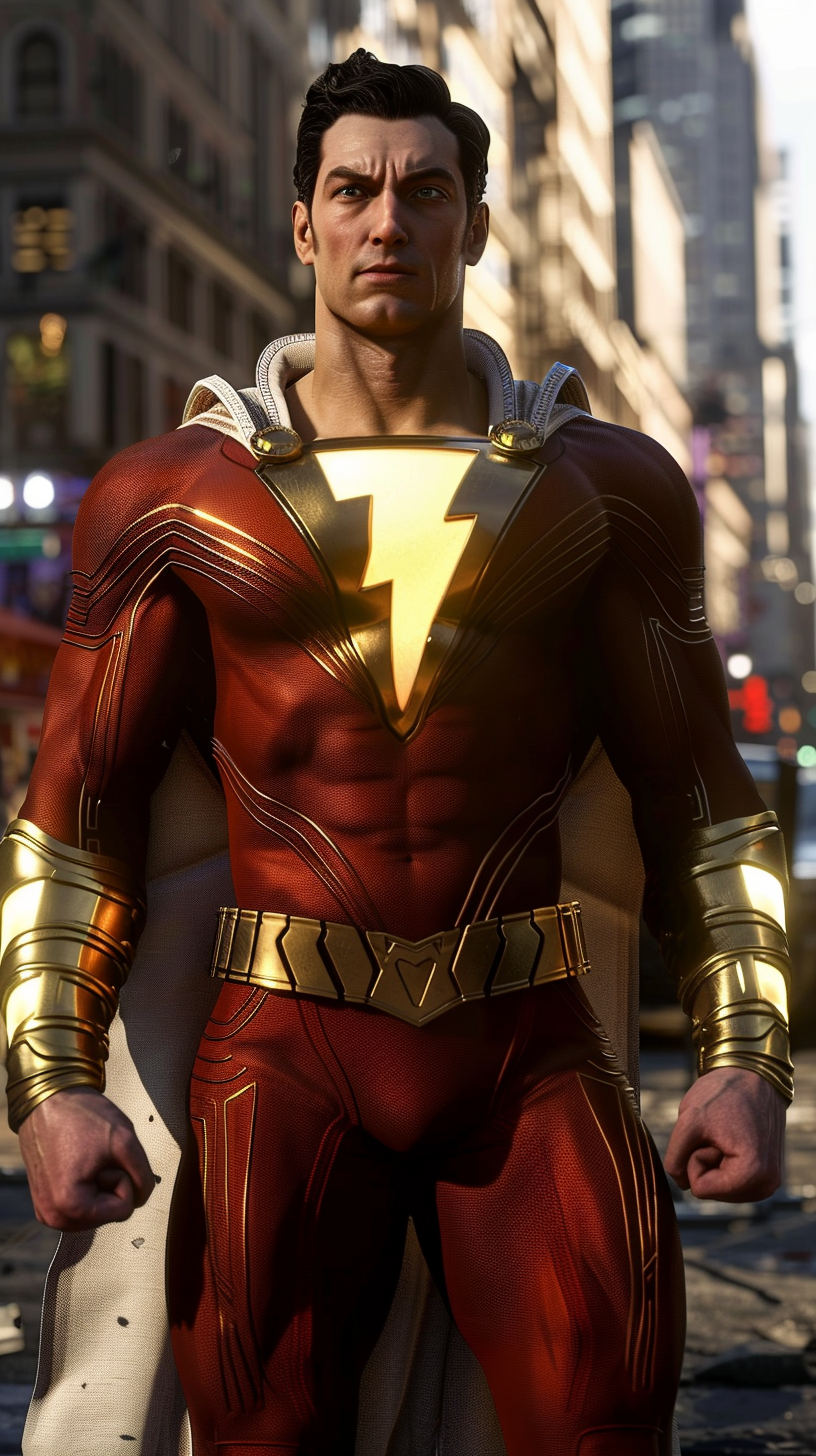 Shazam in red suit, city backdrop, golden bolt illuminated.