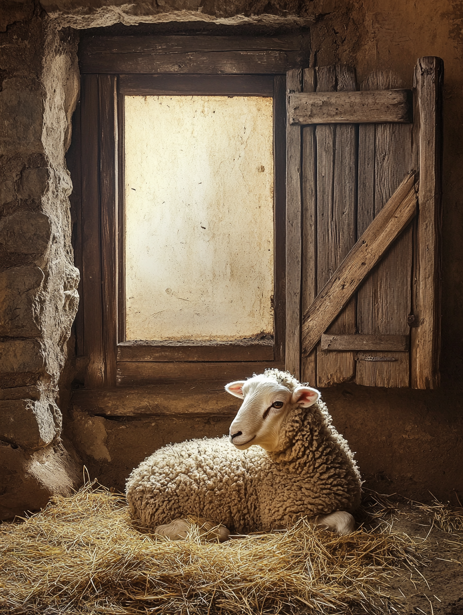 Sheep eating straw in stable with rustic window