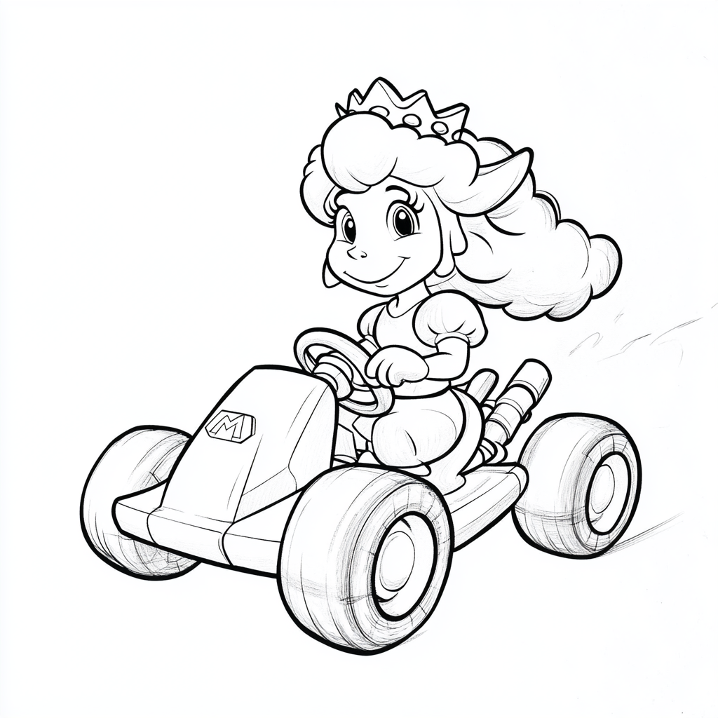 Sheep in cartoon style driving Mario Kart with Princess Peach