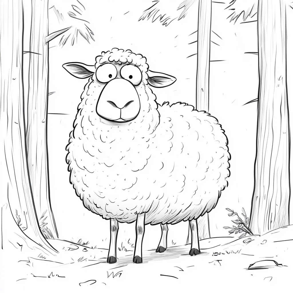 Sheep in forest, smiling, white background, black and white.