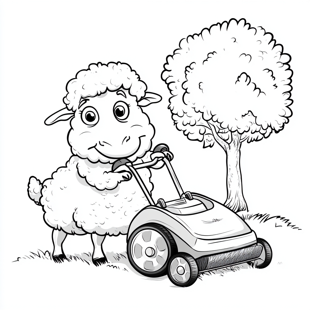 Sheep mows lawn with lawnmower, tree in background, coloring.