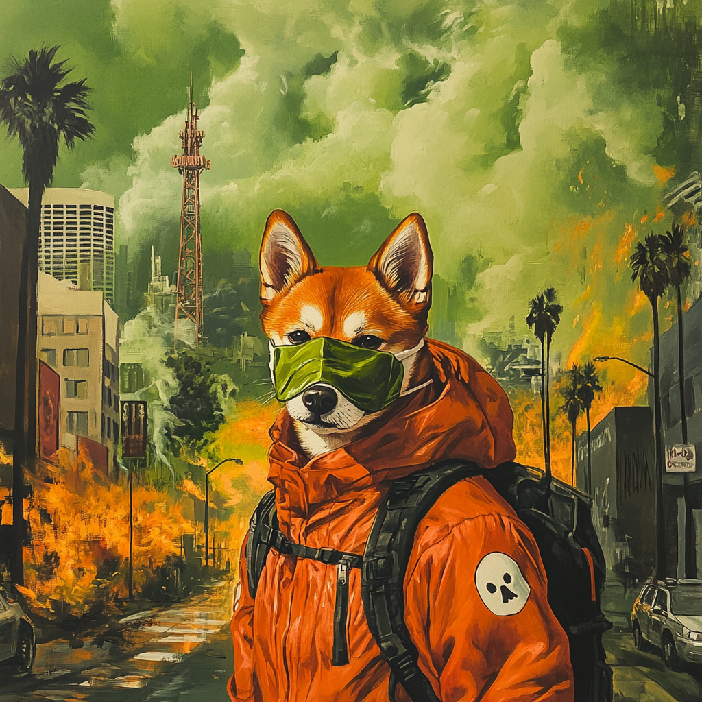 Shiba Inu in mask walks Hollywood in smoke.