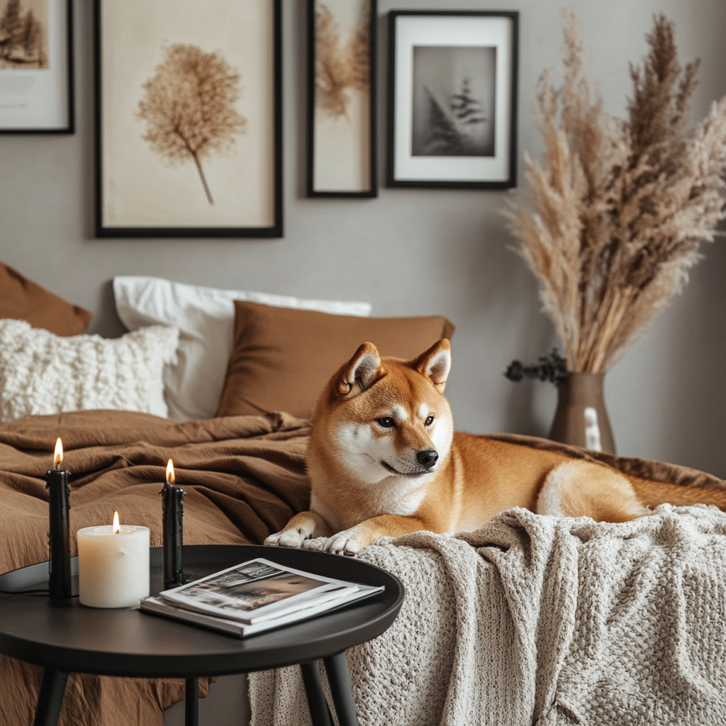 Shiba inu dog on bed in modern bedroom.