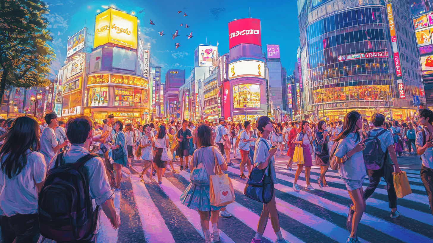 Shibuya Crossing: Busy Disney-Pixar Style Illustration