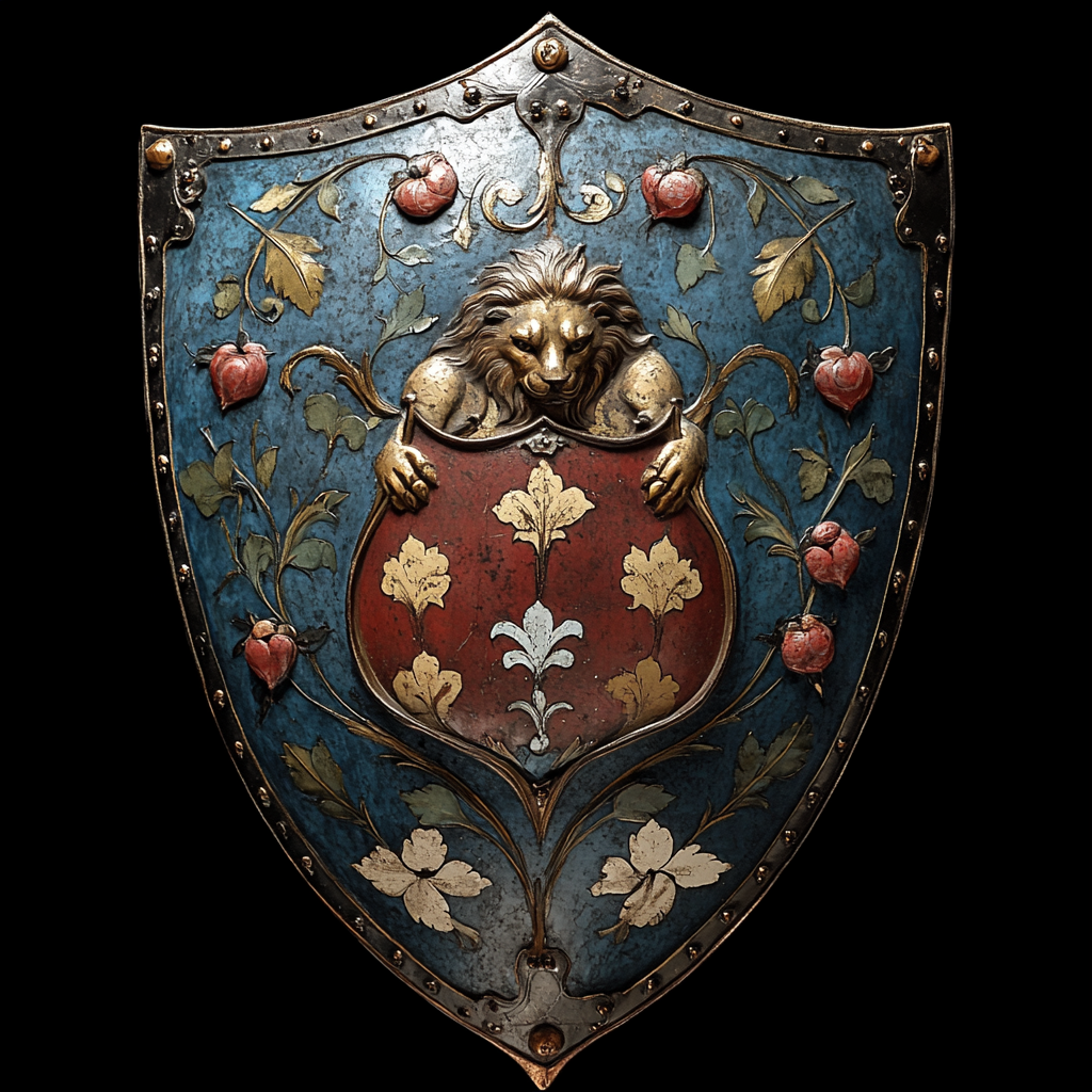 Shield with blue, silver flower, red, gold wheat, orange lion.