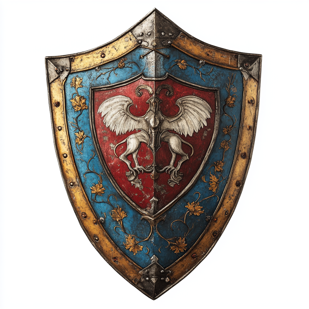 Shield with divided field: blue, white flower, red, lion.