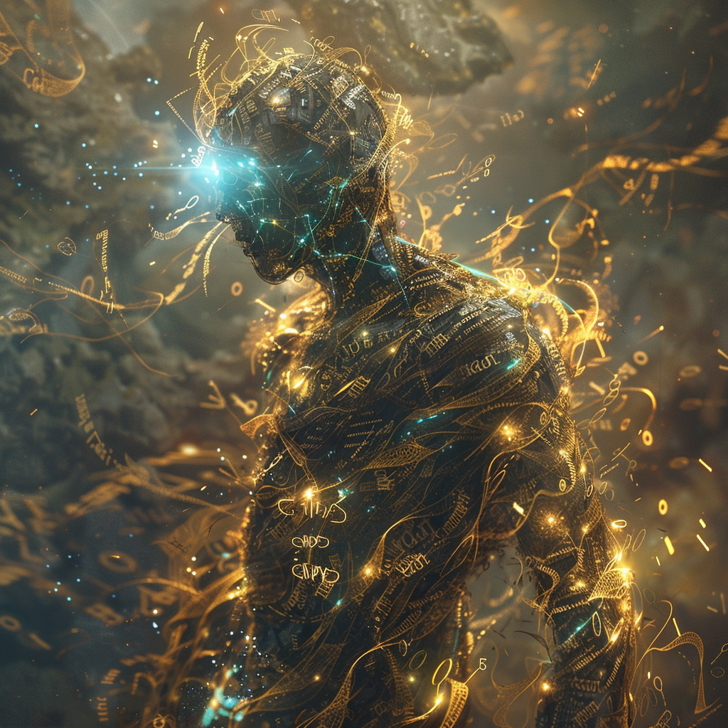 Shifting, glowing humanoid made of words and symbols.