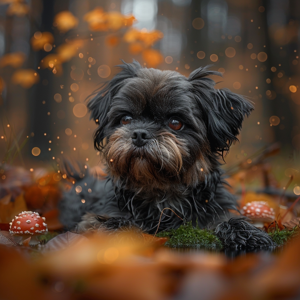 Shih Tzu dog lying on mossy leaves in forest.