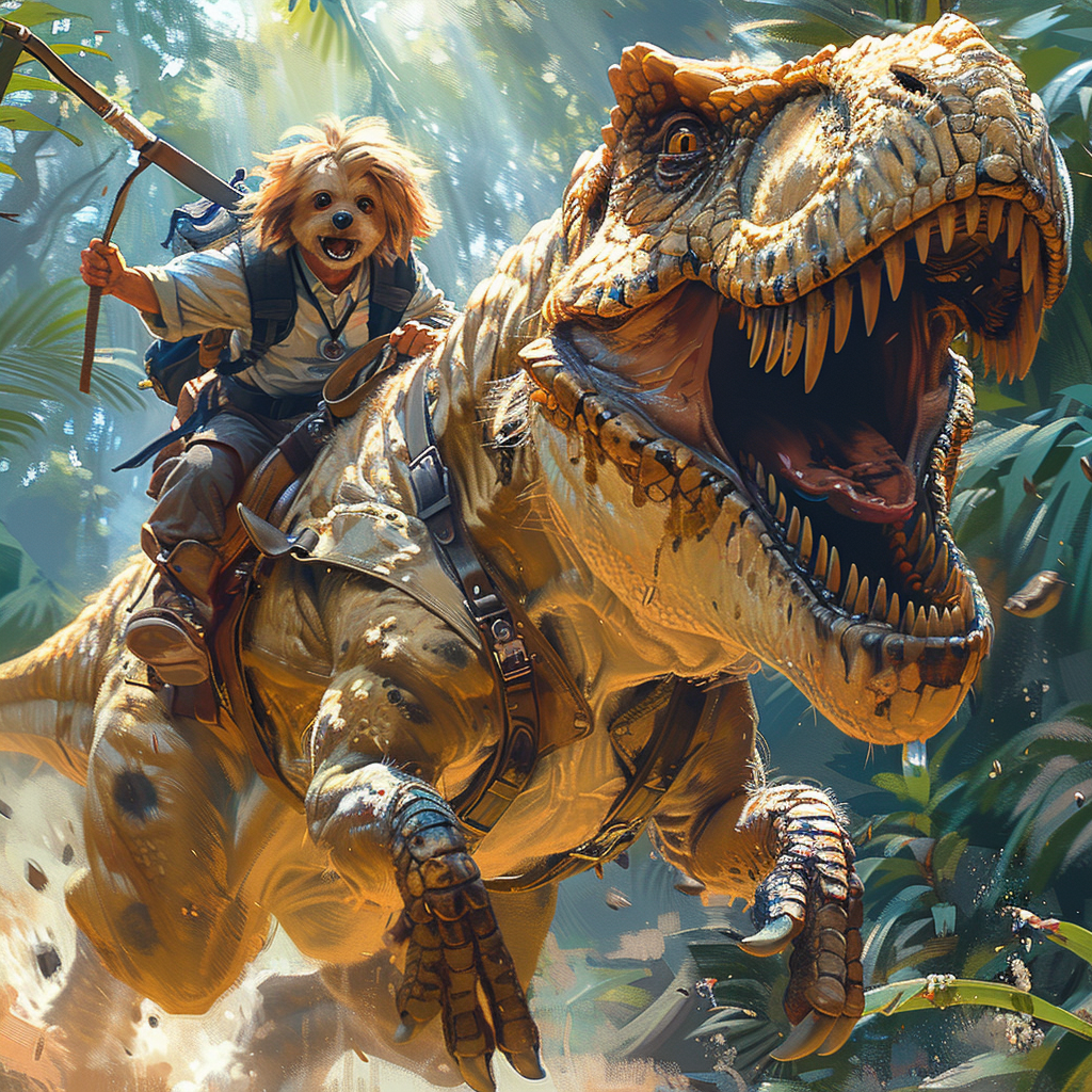 Shih Tzu dog rides Tyrannosaurus rex in jungle adventure.