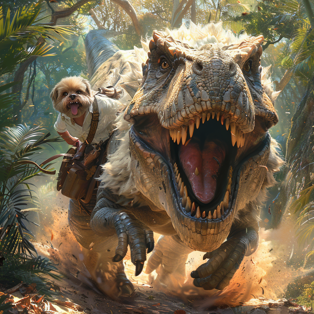 Shih Tzu rides T. rex in forest adventure scene.