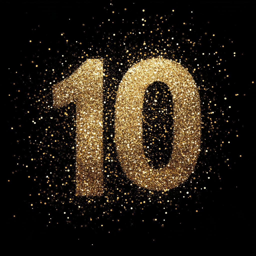 Shimmering black-gold background with subtle number 10 blend.