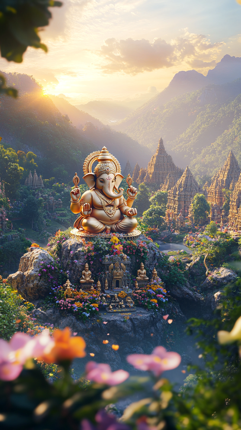 Shining Ganesh idol in lush valley with Hindu temple