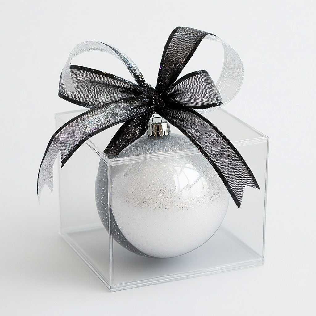 Shiny, round Christmas ornament in clear gift box.