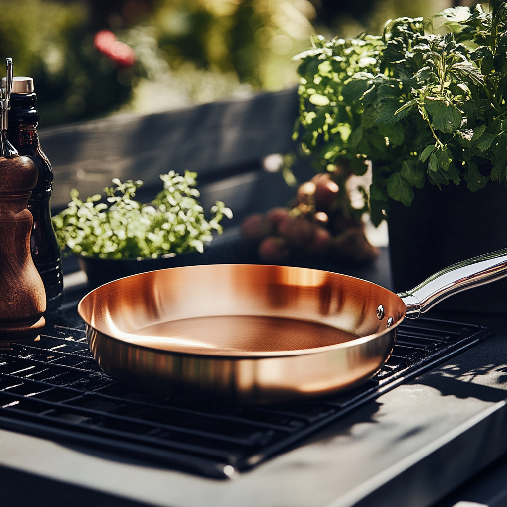 Shiny Copper Pan Cooking Steak on Grill