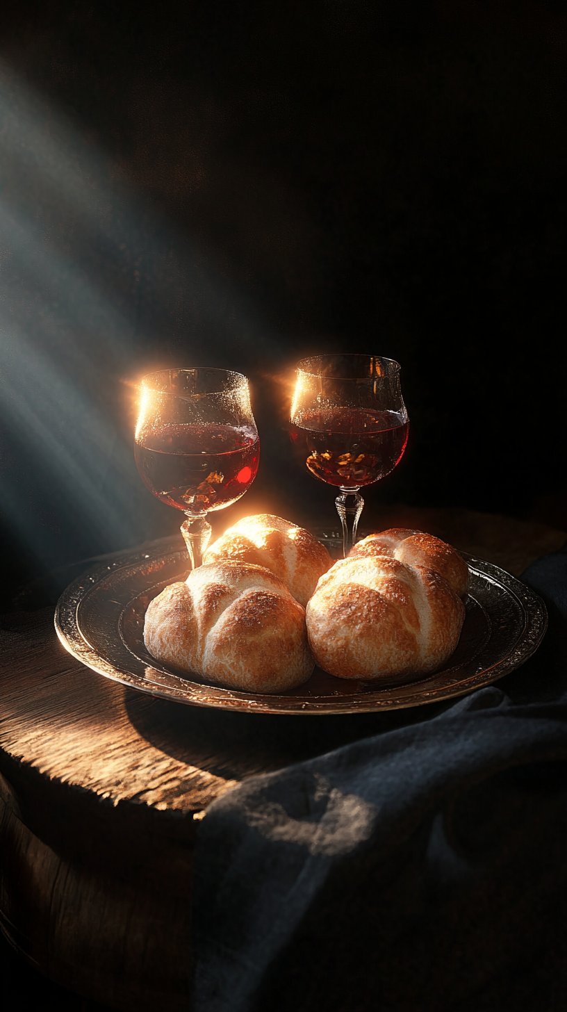 Shiny Eucharist set for Lord's supper: bread, wine, grace