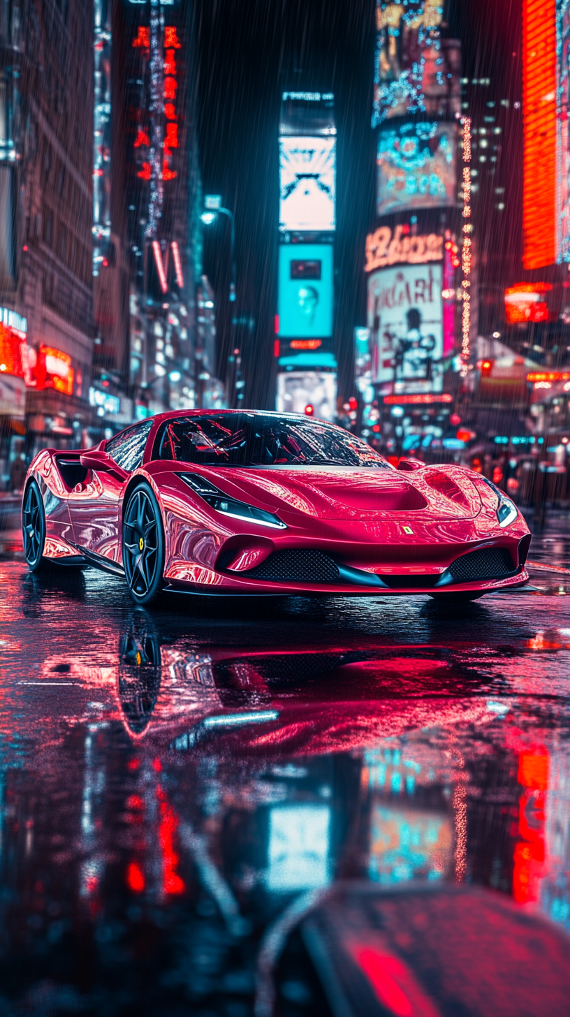 Shiny Ferrari in city with reflections, skyscrapers, neon lights.