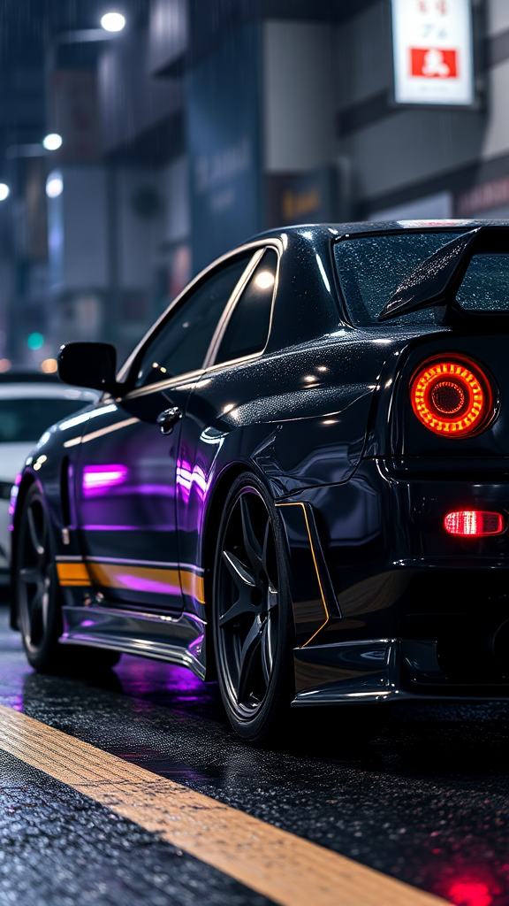 Shiny black car with red headlights in Japan.