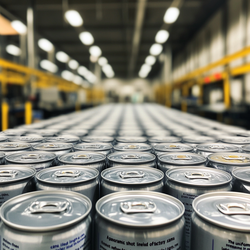 Shiny cans in rows, factory lights reflect quality.