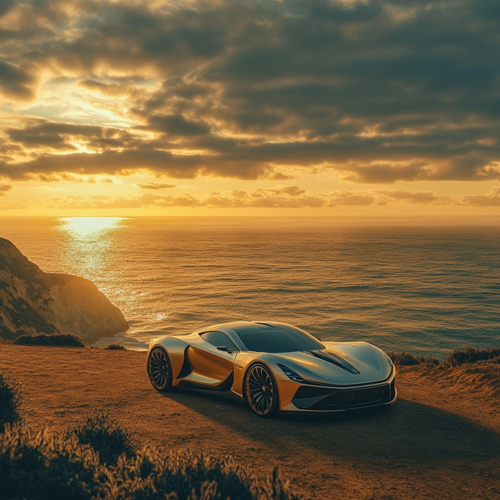 Shiny car overlooking sunset ocean, perfect cinematic atmosphere reflections