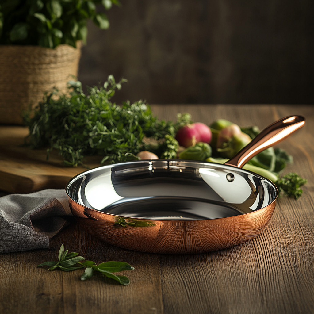 Shiny copper pan on counter with fresh veggies.