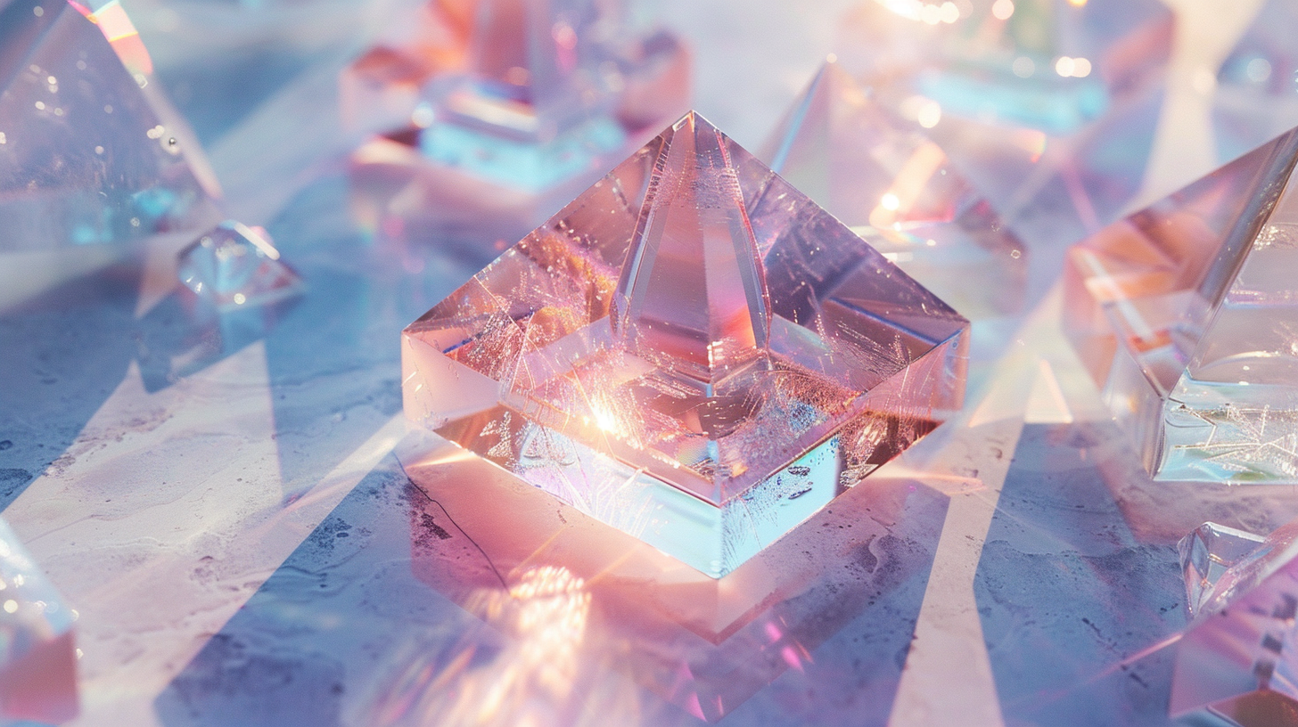 Shiny crystal pyramid with rainbow reflections in light