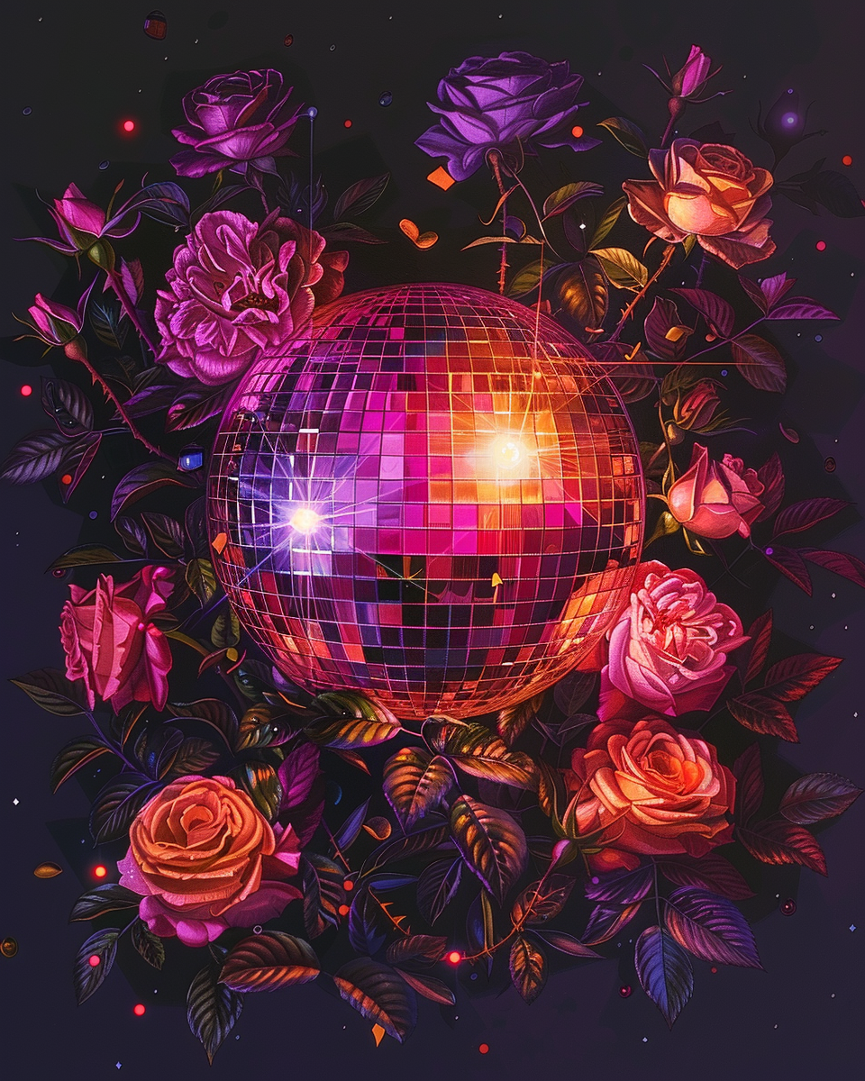 Shiny disco ball with flowers in Hajime Sorayama Style