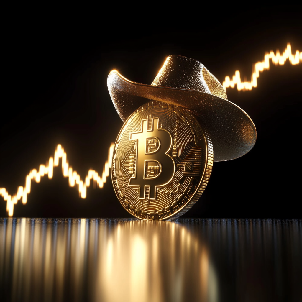 Shiny gold cowboy Bitcoin on rising black chart