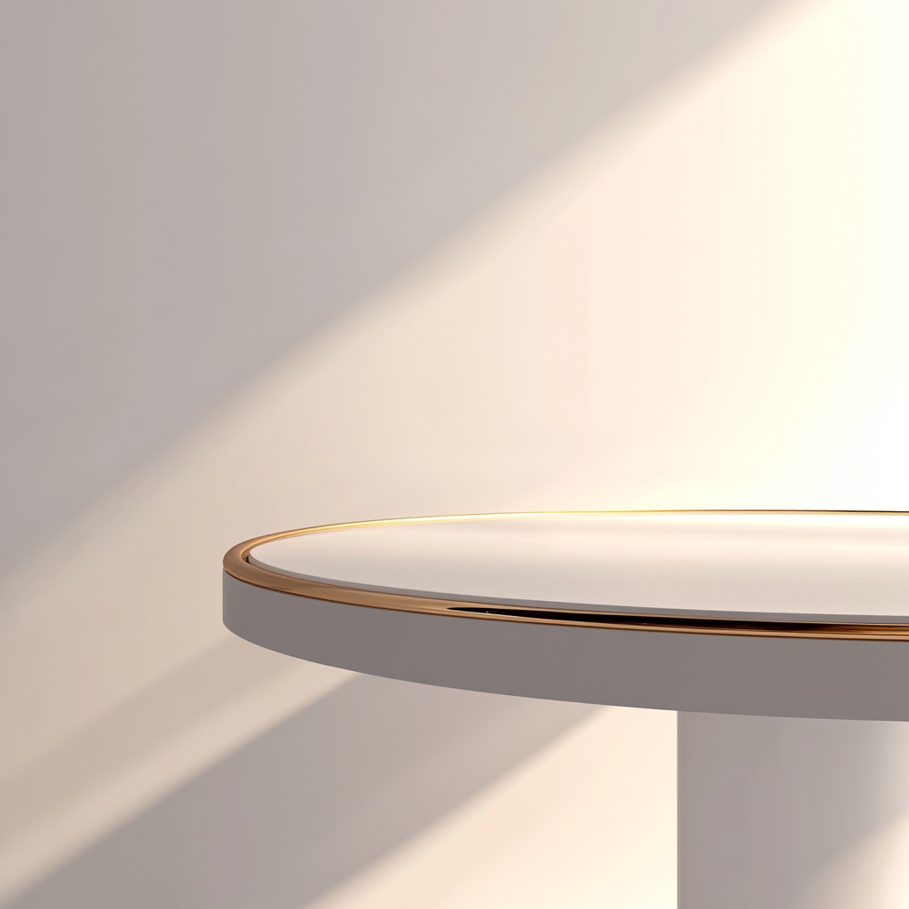 Shiny gold-rimmed table under spotlight on grey background