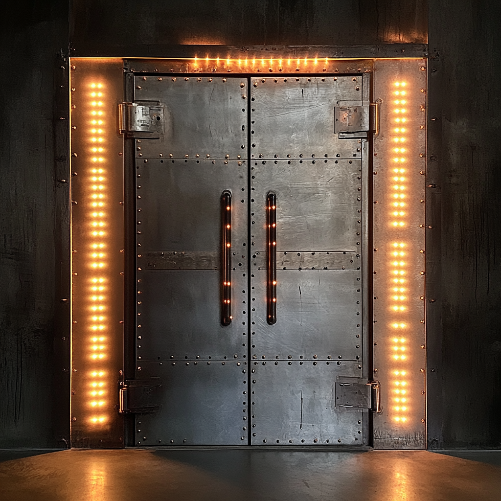 Shiny metal doors with glowing lights opened inside.