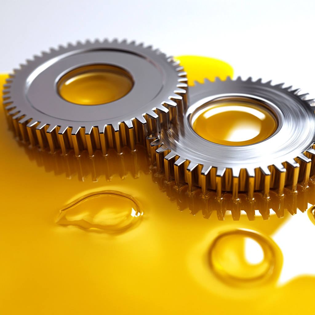 Shiny metallic gears on yellow viscous grease 