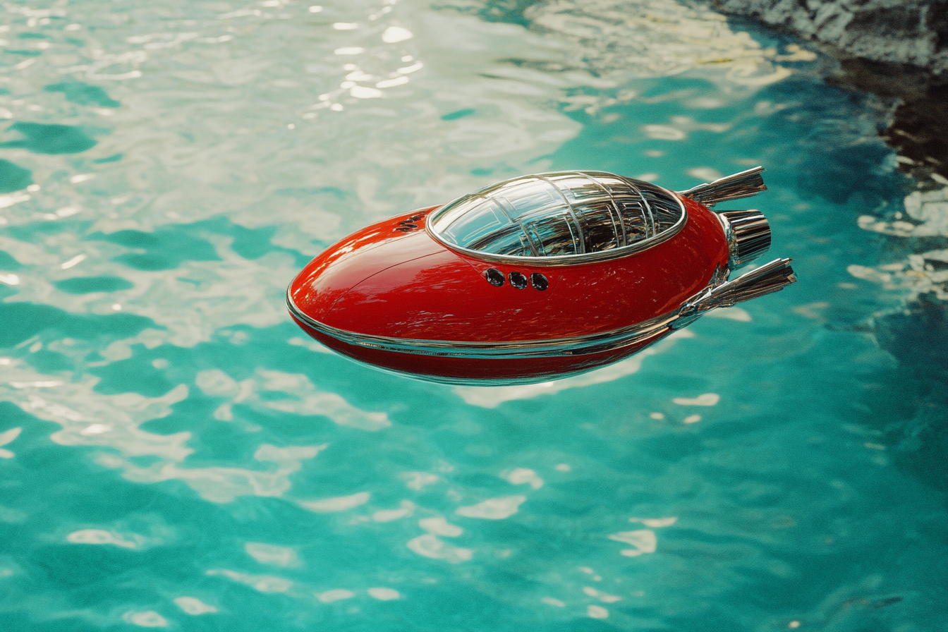 Shiny red UFO flies over blue ocean