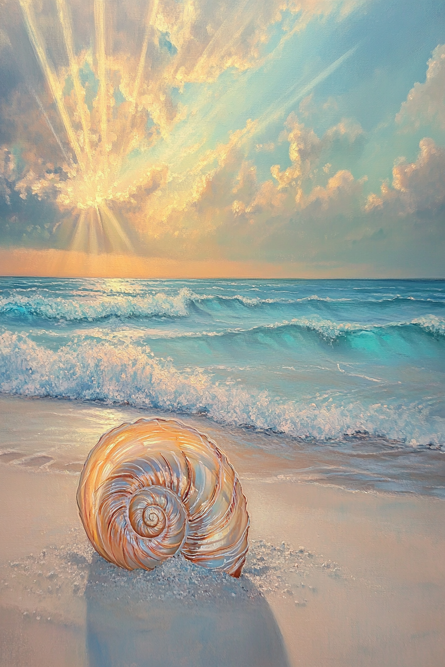 Shiny seashell on sand with ocean backdrop