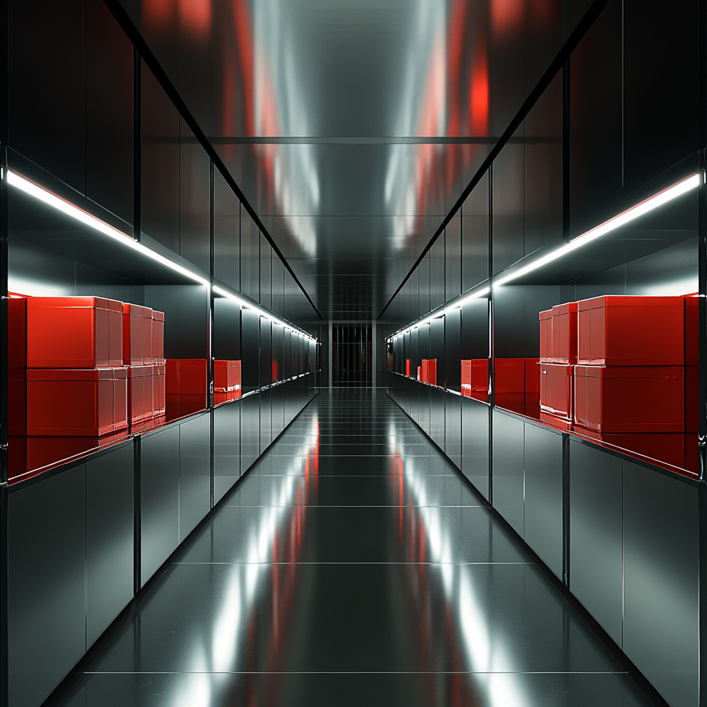 Shiny silver hallway with glowing red boxes