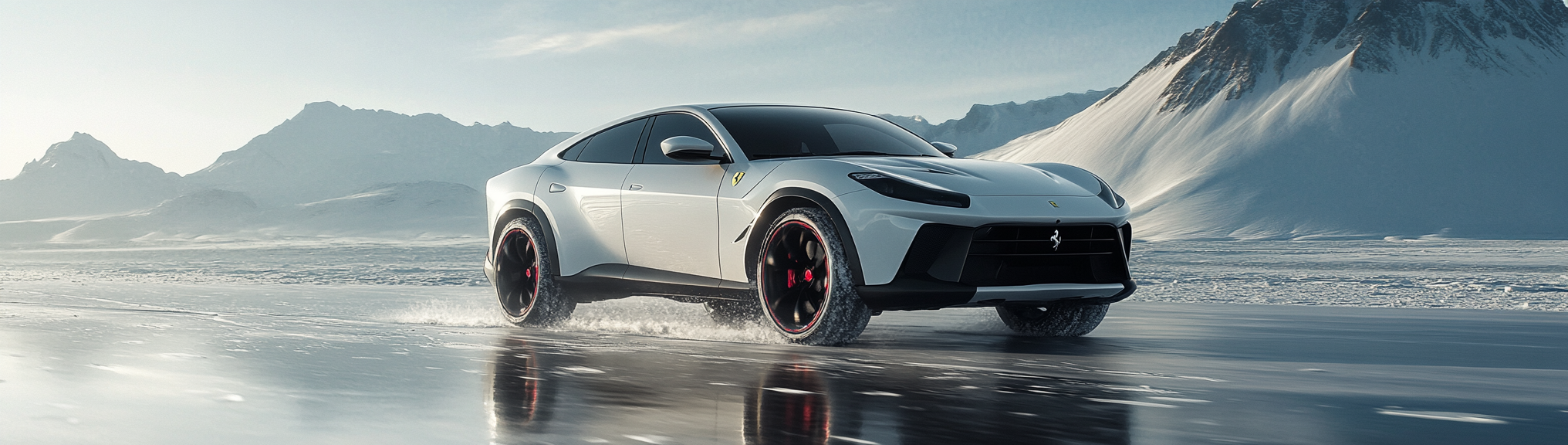 Shiny white Ferrari SUV on icy field, low angle.