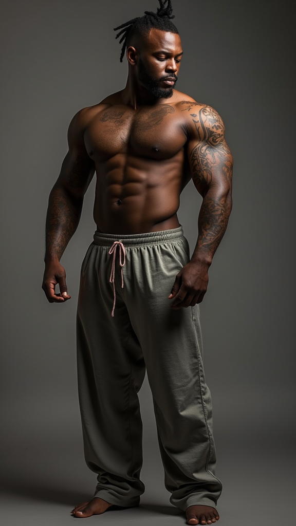 Shirtless African American Man with Tattoos in PJs