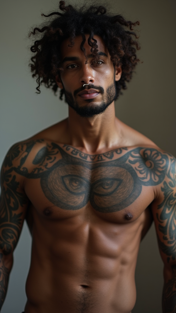 Shirtless Tattooed Man with Urban Hairstyle