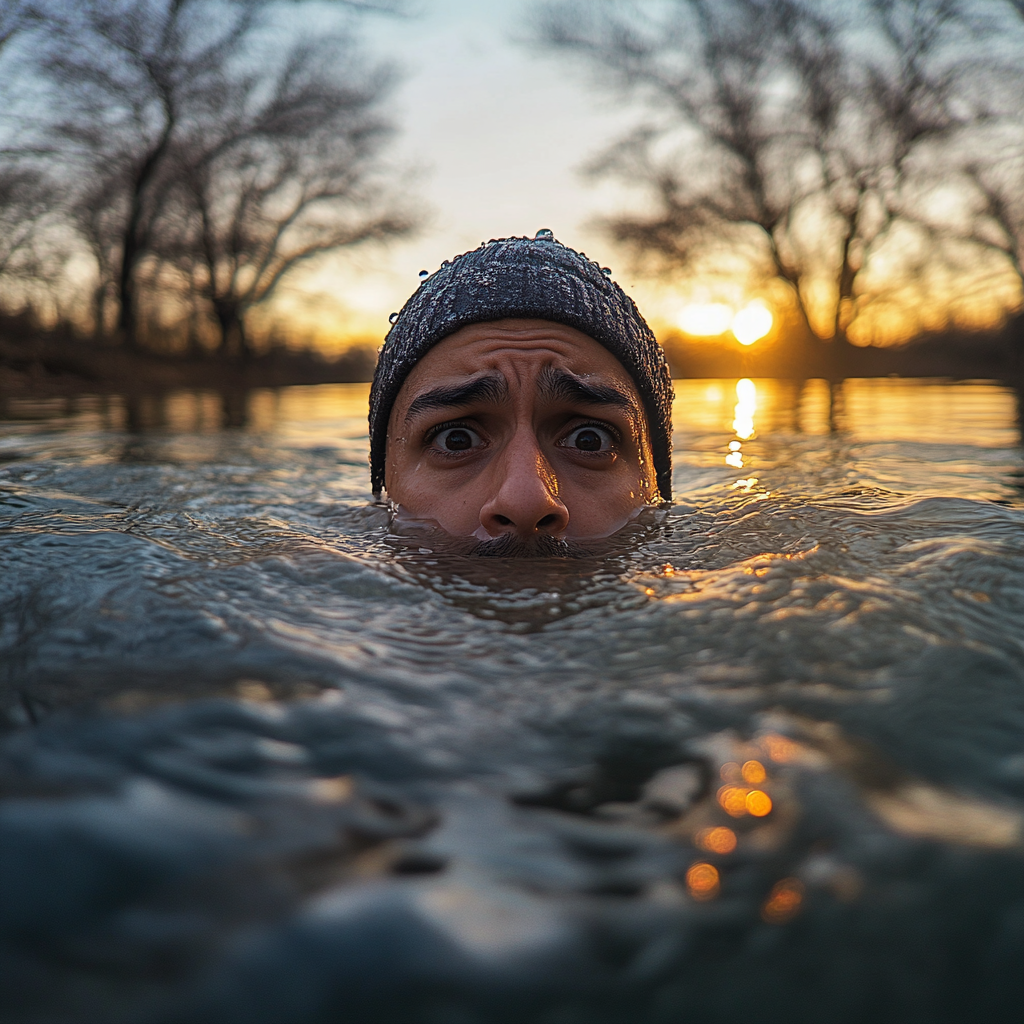 Shocked man in lake at sunrise holds camera