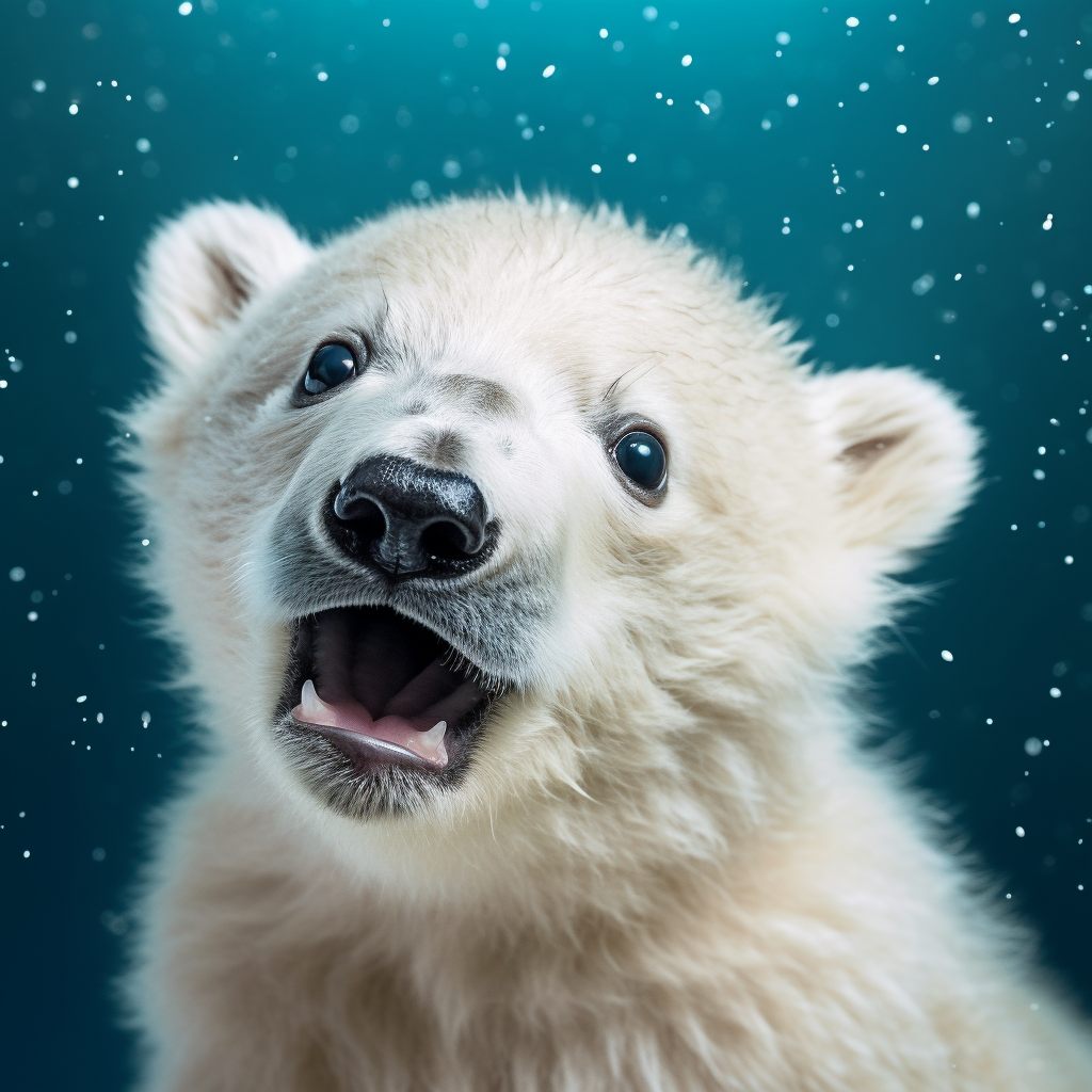 Shocked polar bear cub dropping fish in snow