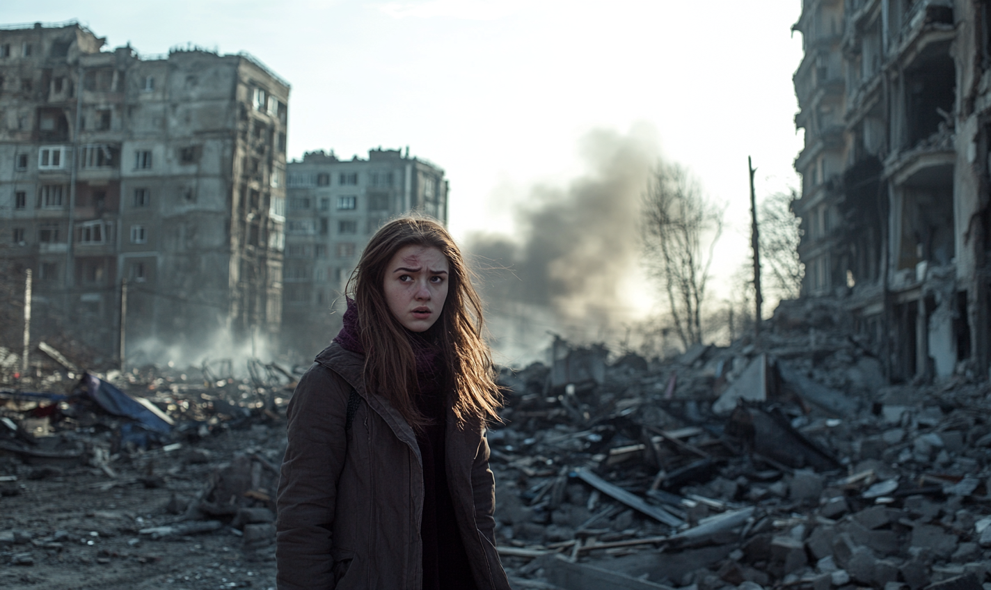 Shocked woman in ruined Ukrainian city after explosion.