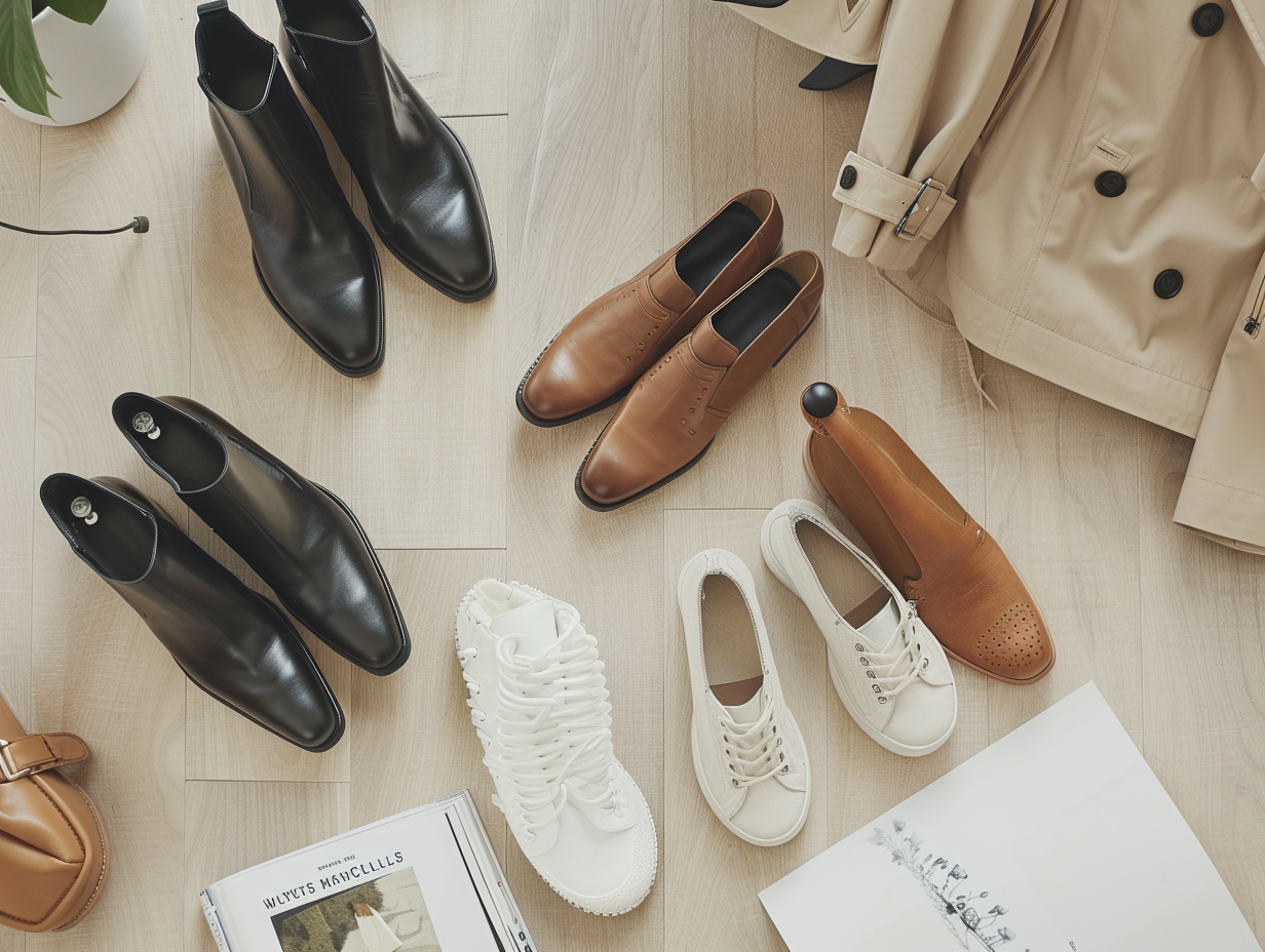 Shoe Options with Trench Coat on Wooden Floor