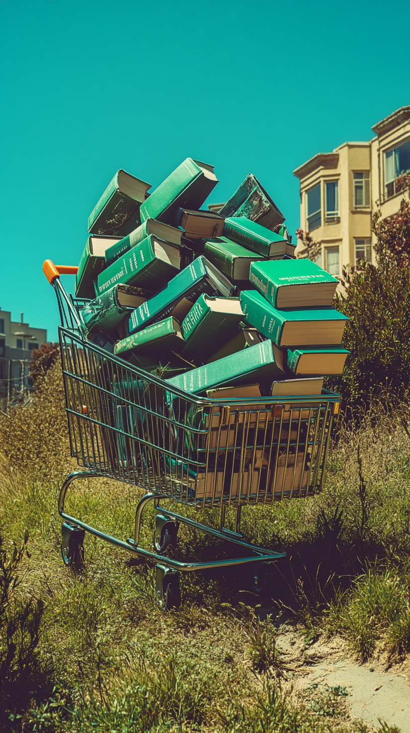 Shopping cart full of green books tumbling down hill.